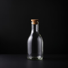 Minimalist product shot of clear glass bottle on dark Surface