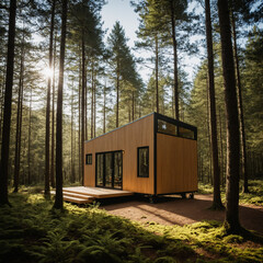 Photo Minimalist tiny house in woodland setting, wide angle