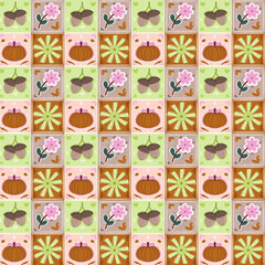 pola tile dengan gambar labu dan bunga dan jamur. ilustrasi desain wallpaper phone dan tablet. seni pola tile. suasana musim gugur di bulan oktober