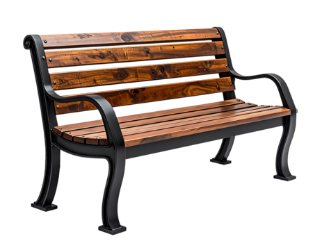 Park bench, dark wood, black metal