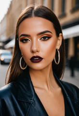 Photo Street style portrait of influencer with bold Makeup