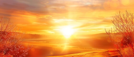 Panoramic warm sunset panoramic landscaped horizontal.