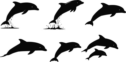 PrintSilhouette dolphins jumping, swimming, leaping, marine life illustration, ocean wildlife, aquatic animals, playful sea creatures, underwater nature, black dolphin design, vector art