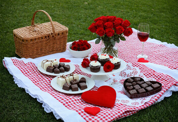 Photo Valentines Day romantic picnic setup with roses and chocolates