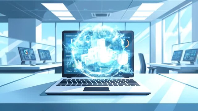 Digital data transfer visualized on a laptop screen in modern office setting