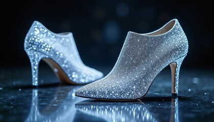 Sparkling high-heeled shoes with a glittery surface. The shoes are pointed and feature a stiletto heel, set against a dark background.