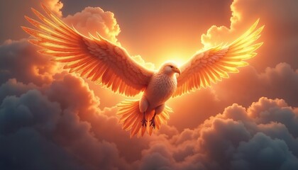 A majestic white bird with large wings soaring through vibrant clouds at sunset. The scene captures the beauty of nature and freedom.