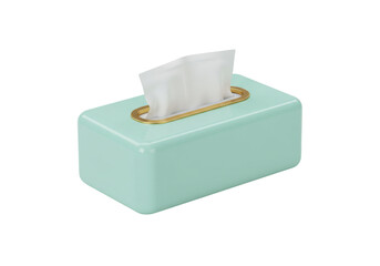 Isolated tissue box with tissues, turquoise container with golden border, hygiene product
