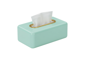Isolated tissue box with tissues, turquoise container with golden border, hygiene product