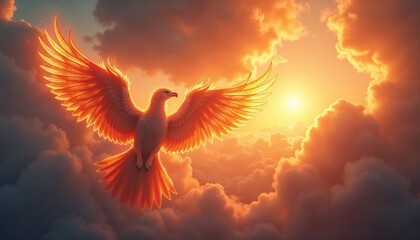 A majestic phoenix with vibrant orange and red feathers soars through a colorful sky filled with clouds at sunset.
