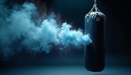 A black punching bag hangs from a chain, surrounded by blue smoke. The background is dark, creating a dramatic atmosphere for fitness or boxing themes.