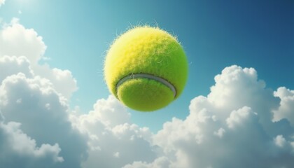 A bright yellow tennis ball floats in a clear blue sky surrounded by fluffy white clouds. The scene captures a sense of freedom and playfulness.