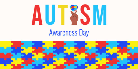 Autism puzzle colorful Banner design. Abstract Autism puzzle with creative typography. Perfect for room panel decor web banner background placard. Vector illustration EPS 10