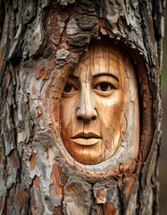Carved wooden face in a tree trunk