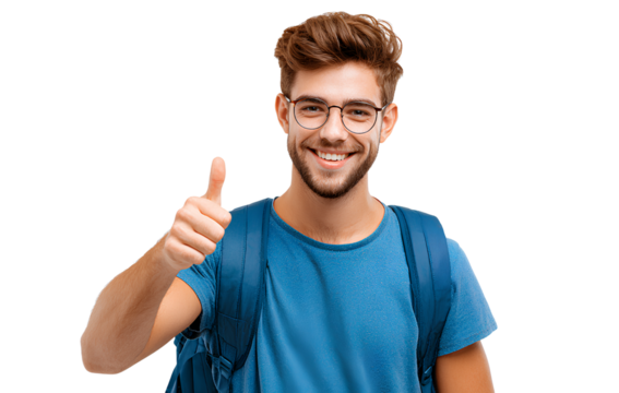 a young man, a student, is smiling while wearing glasses, a blue t-shirt, and a backpack