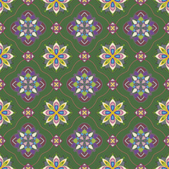 Seamless mosaic floral pattern with under green background