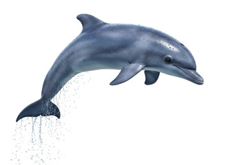Isolated bottlenose dolphin leaps with water droplets glistening on skin in stunning detail © James