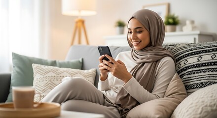 Relaxed muslim woman using smartphone in cozy home environment