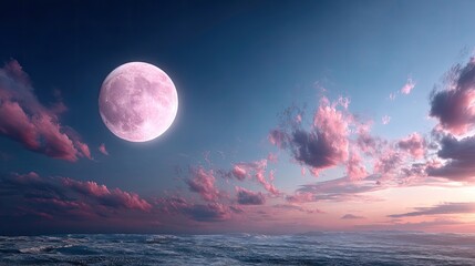 Pixelated Pink Full Moon Over a Distant Landscape with Dramatic Clouds at Dusk A High Resolution Digital Art Piece
