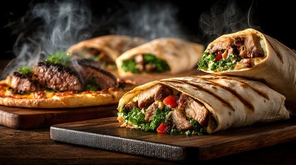 Delicious grilled steak wraps with fresh vegetables are served on wooden boards with visible steam rising up.