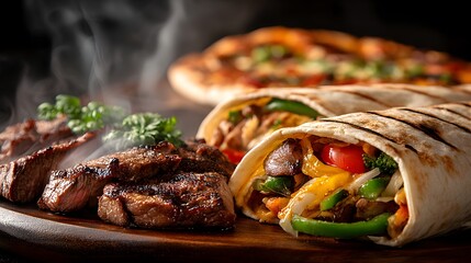 Delicious grilled steak slices and appetizing wraps alongside pizza on a wooden board create a tasty meal.
