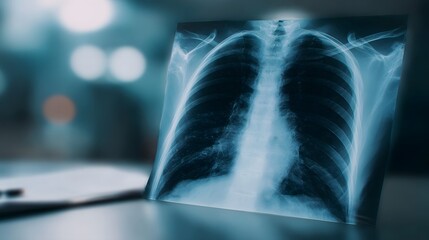 Medical chest X ray on desk revealing lungs and skeletal structure for diagnostic purposes