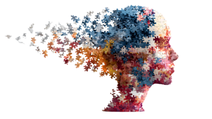 Human head profile and jigsaw puzzle, cognitive psychology or psychotherapy concept, mental health, brain problem, personality disorder, vector line design transparent background png