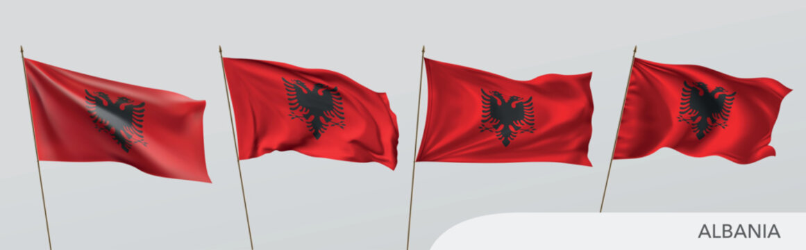 Set of Albania waving flag on isolated background vector illustration. 4 red Albania wavy realistic flag as a patriotic symbol