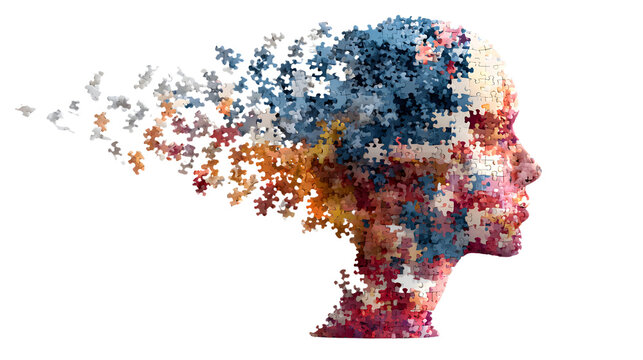 Human head profile and jigsaw puzzle, cognitive psychology or psychotherapy concept, mental health, brain problem, personality disorder, vector line design transparent background png