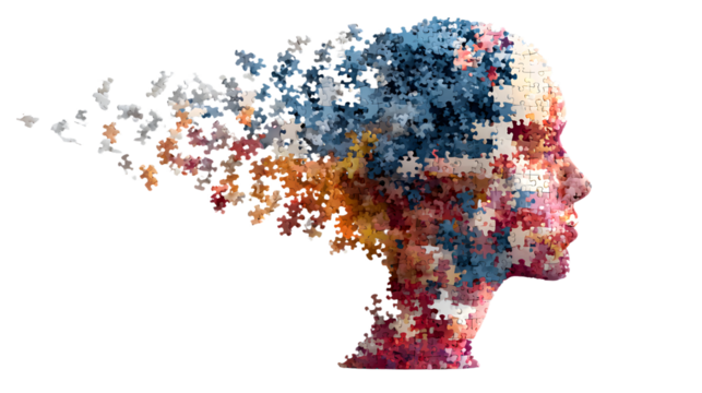 Human head profile and jigsaw puzzle, cognitive psychology or psychotherapy concept, mental health, brain problem, personality disorder, vector line design transparent background png