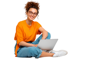 beautiful, smiling woman sitting on the floor with a laptop, in a transparent background png sticker format. professional photography