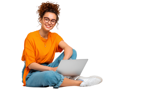 beautiful, smiling woman sitting on the floor with a laptop, in a transparent background png sticker format. professional photography