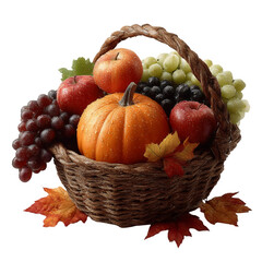 Cornucopia basket carefully filled with pumpkins and fruits isolated on transparent background for autumn harvest decoration
