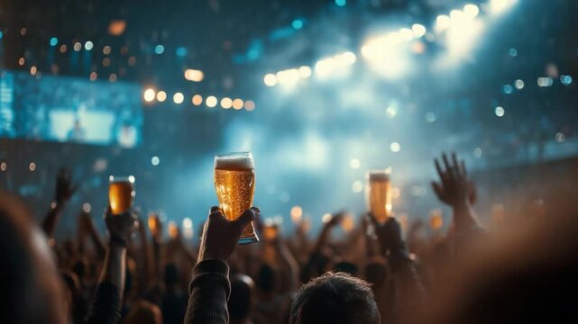 Cheers to the Night: A vibrant gathering toasts a moment of joy with pints of beer, illuminated by the stage lights, amidst the lively energy of an exciting concert.