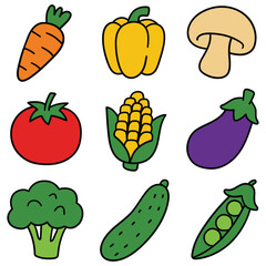 Hand-drawn cartoon vegetable icon set isolated on white background. Carrot, bell pepper, champignon, tomato, corn, eggplant, broccoli, cucumber, pea. Vector illustration.
