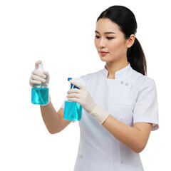 Female doctor holding two bottles of blue disinfectant isolated on transparent background