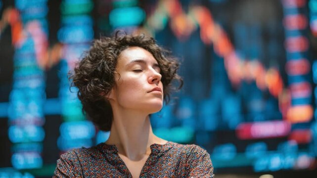 Contemplative Glance Amidst Market Fluctuations: A woman with closed eyes, absorbed in introspection, stands against a backdrop of a dynamic stock chart, reflecting on the ebb and flow of the market.