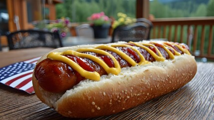 A delicious hot dog with ketchup and mustard is served outside on a wooden table with nice background.