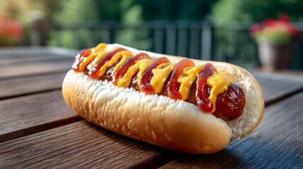 Delicious hotdog topped with mustard and ketchup rests on a wooden table in the summer sunlight outdoors.