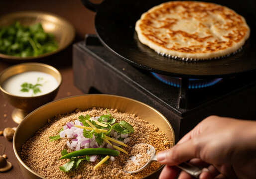 Serving Thalipeeth: Hand Drizzling Ghee and Bhajani Mix on a Sizzling Multigrain Flatbread