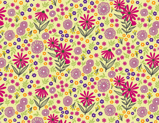 Seamless pattern with pink and red flowers with yellow background