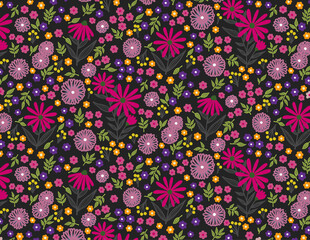 Seamless pattern with pink and red flowers with black background