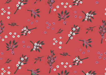Seamless pattern with pink and white flowers under red background