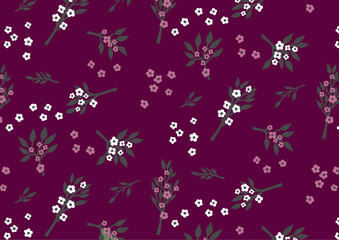 Seamless pattern with pink and white flowers under maroon background