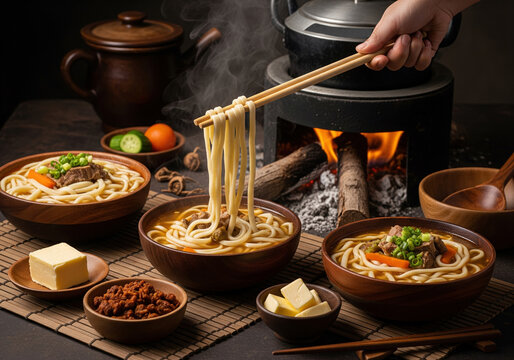 Steaming Bowl of Traditional Ladakhi Skyu Noodles with Shredded Meat and Root Vegetables