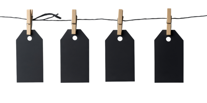 Black tags hanging on string with wooden clothespins isolated on white background - Powered by Adobe