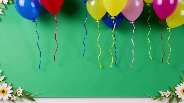 Colorful balloons floating upward on green background, ideal for party themes, birthdays, weddings, and celebration overlays