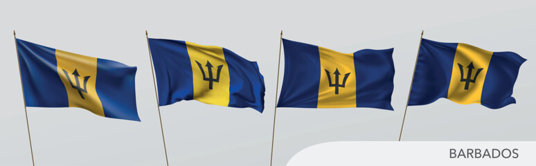 Set of Barbados waving flag on isolated background vector illustration. 4 blue Barbadosi wavy realistic flag as a patriotic symbol