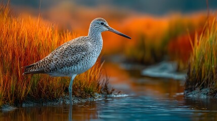 A willett stands gracefully in shallow water surrounded by vibrant orange h grasses at golden hour light.
