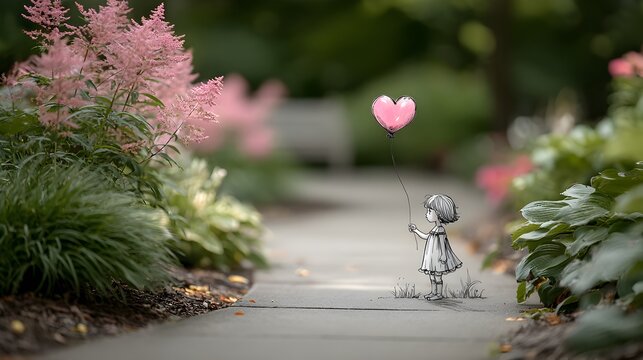 A girl holds a heart shaped balloon standing on a garden path with pink flowers in a whical scene. - Powered by Adobe